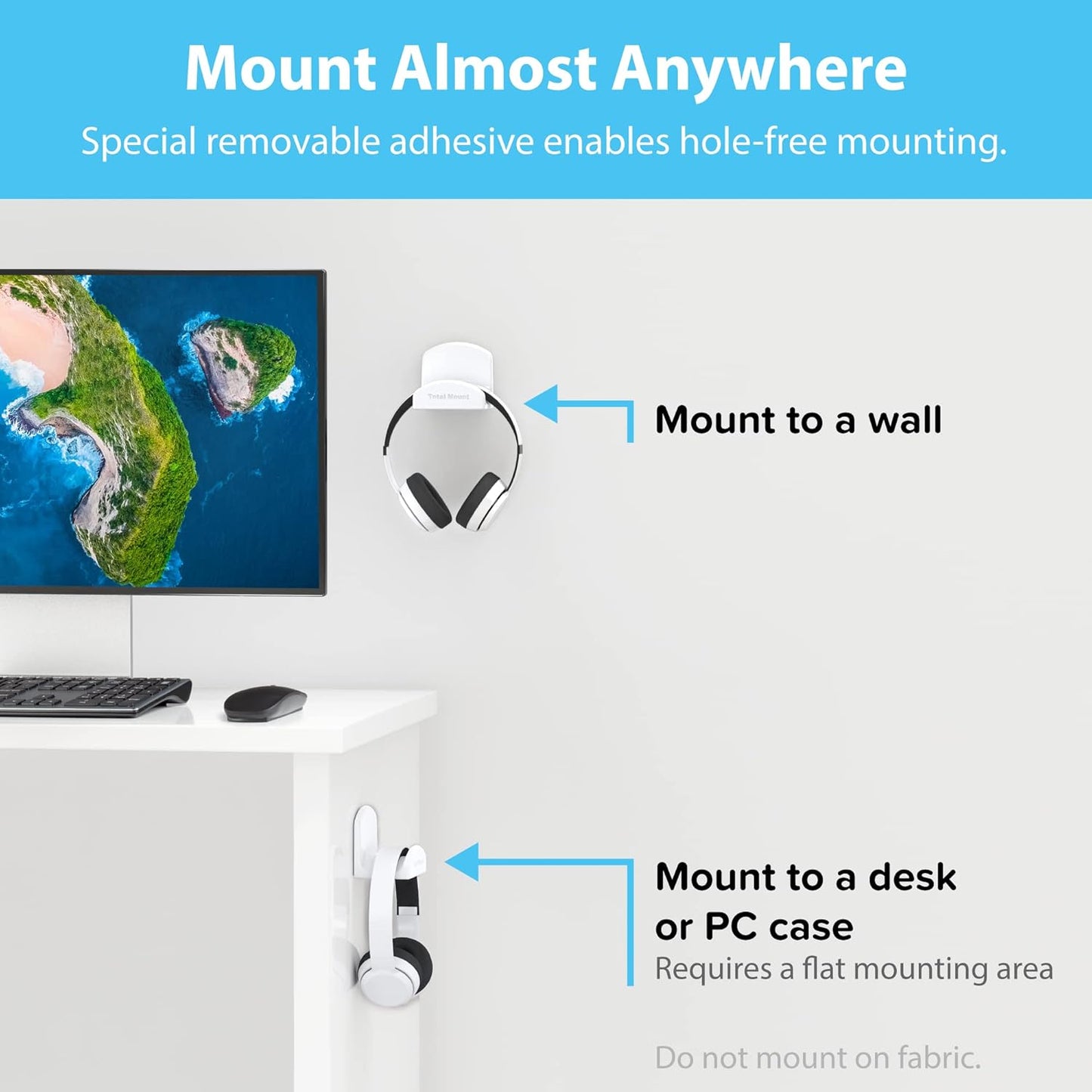 Premium Headphone Hanger with Removable Adhesive Strips for Damage-Free Mounting on Walls, Desks, or PCs (Single Pack, White)